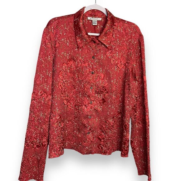 Savvy By Rafael Button Up Shirt Women's Large Pink Embroidered Floral Retro Boho - Picture 2 of 9